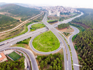 Fototapeta na wymiar Aerial Drone View of Ugur Mumcu Aydos Forest Highway Intersection / Interchange in Istanbul / Kartal