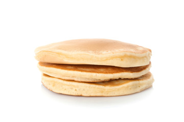 Tasty pancakes on white background