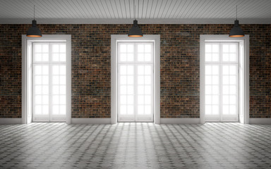 Bright empty room with brick wall and huge windows.3d rendering