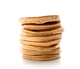 Tasty pancakes on white background