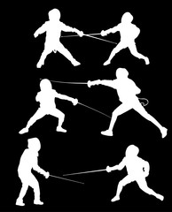 six young fencers silhouettes isolated on black