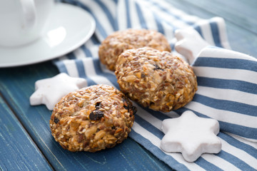 Sweet tasty cookies on wooden table