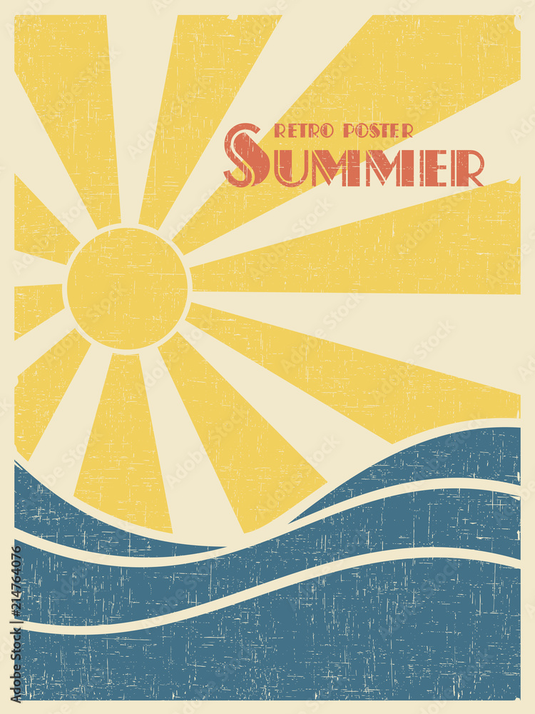 Wall mural summer retro poster. sun over the sea waves. vintage grunge style