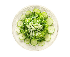 Obraz premium Plate with tasty vegetable salad on white background