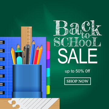 back to school sale with pencil case and notebook on the table