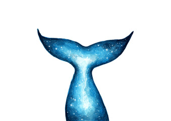 Naklejka premium Ręcznie malowane sylwetka wieloryba ogon, ogon ryb z efektem akwareli galaktyki