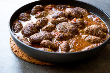 Turkish Meatballs in Sweet and Sour Tomato Sauce / Kofta or Kofte in Pan or Pot.