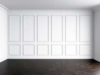 3d render of white interior with panels on wall and dark wood on floor - 214765006