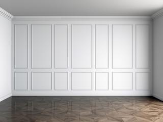 3d render of white interior with panels on wall and dark wood on floor