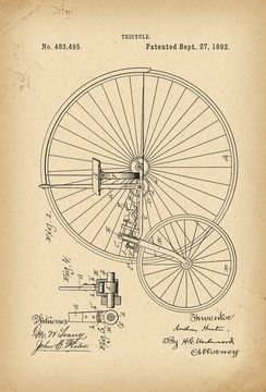 1892 Patent Velocipede Tricycle Bicycle archival history invention