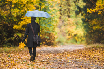 Woman under blue umbrella walks in the park in autumn