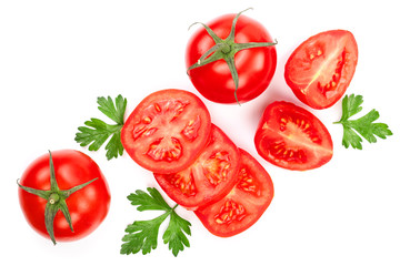 tomatoes with parsley leaves isolated on white background. Top view. Flat lay