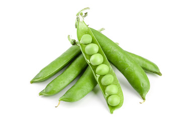 Fresh green pea pod isolated on white background