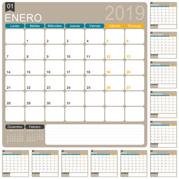 Spanish calendar 2019 / Spanish calendar template for year 2019, set of 12 months, week starts on Monday, printable calendar templates, vector illustration