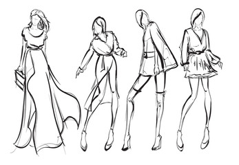 Sketch. Fashion Girls on a white background. Vector illustration.