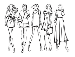 Sketch. Fashion Girls on a white background. Vector illustration.