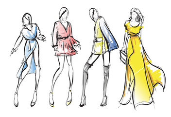 Sketch. Fashion Girls on a white background. Vector illustration.