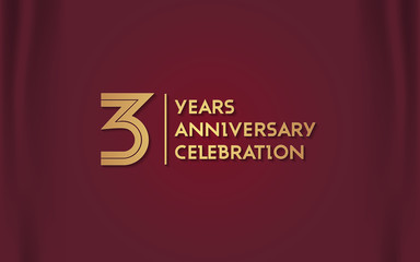 3 Years Anniversary Logotype with  Golden Multi Linear Number Isolated on Red Curtain Background