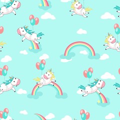 Unicorns with balloons vector seamless pattern
