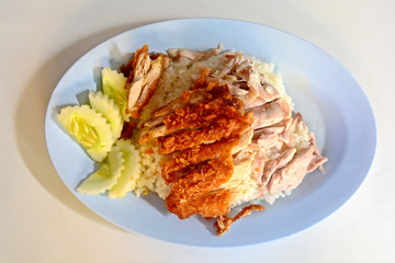 Chicken rice, Fried chicken and boil chicken with rice, Asian style, Thai food, Singapore food