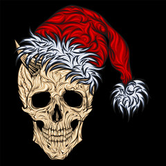 Krampus. New Year's skull of Santa Claus in a New Year's cap and with horns
