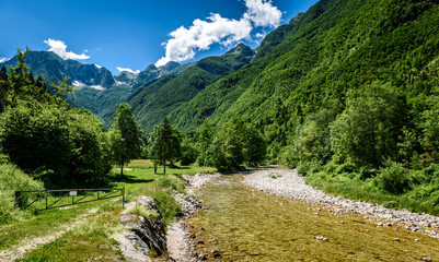 Fototapeta na wymiar Idyllic mountain river in Lepena valley, Soca - Bovec Slovenia.