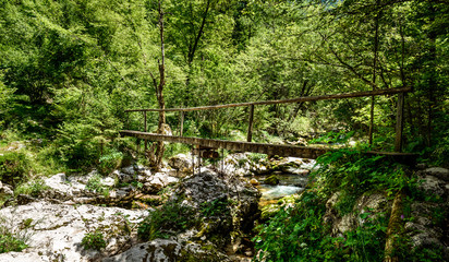 Idyllic mountain river in Lepena valley, Soca - Bovec Slovenia.