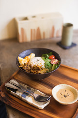 Close up Grilled pork satay on rice in the restaurant.