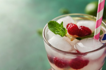 Glass of fresh raspberry mojito, closeup
