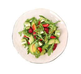 Plate with delicious healthy fresh salad on white background
