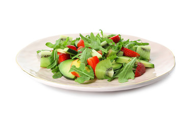 Plate with delicious healthy fresh salad on white background