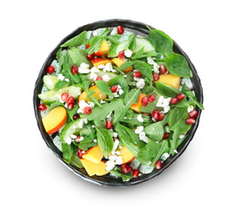 Plate with delicious healthy fresh salad on white background