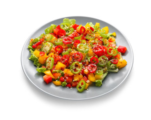 Plate with tasty vegetable salad on white background