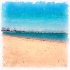 Hand drawing watercolor art on canvas. Artistic big print. Original modern painting. Acrylic dry brush background. Bright sandy beach washed by calm sea. 