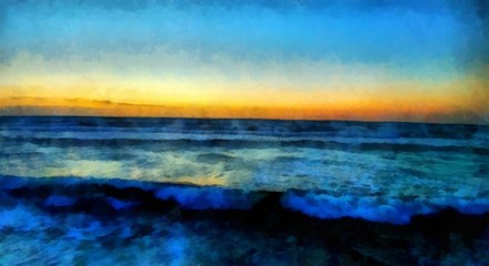Fototapeta premium Hand drawing watercolor art on canvas. Artistic big print. Original modern painting. Acrylic dry brush background. Seascape. Waves that bring peace and composure. 
