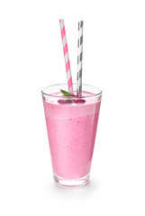 Glass with tasty raspberry smoothie on white background
