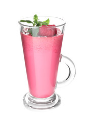 Glass with tasty raspberry smoothie on white background