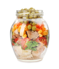 Delicious vegetable salad in mason jar on white background
