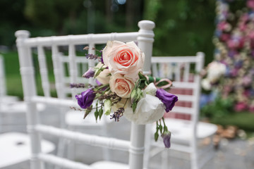 Flowered wedding wall. Decor with color hydrangea and roses. Wedding wall for ceremony and photo.