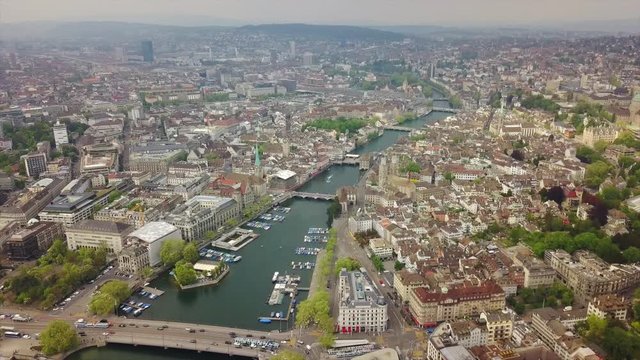 zurich cityscape center riverside aerial panorama 4k switzerland
