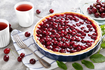 Tasty cherry pie on table