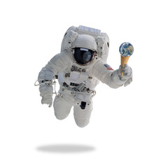 Astronaut in outer space with ice cream cone Earth. Minimal art. Elements of this image furnished by NASA.