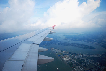 Fototapeta na wymiar view from Aeroplane, Aero view, bird eye view, sky view with wing plane
