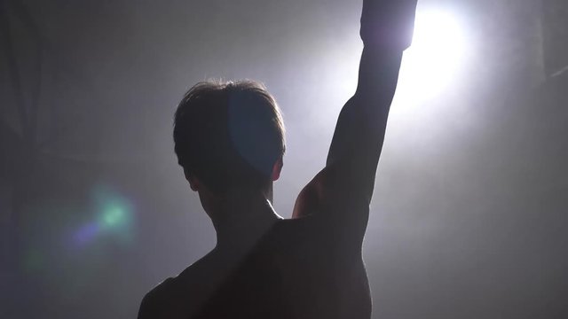 Boxer winner raising his hand in gloves, smoke everywhere and bright illumination
