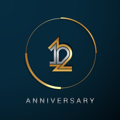 12 Years Anniversary Logotype with  Gold and Silver Multi Linear Number in a Golden Circle , Isolated on Dark Background