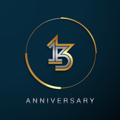 13 Years Anniversary Logotype with  Gold and Silver Multi Linear Number in a Golden Circle , Isolated on Dark Background