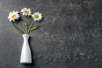Vase with beautiful chamomile flowers on grey background