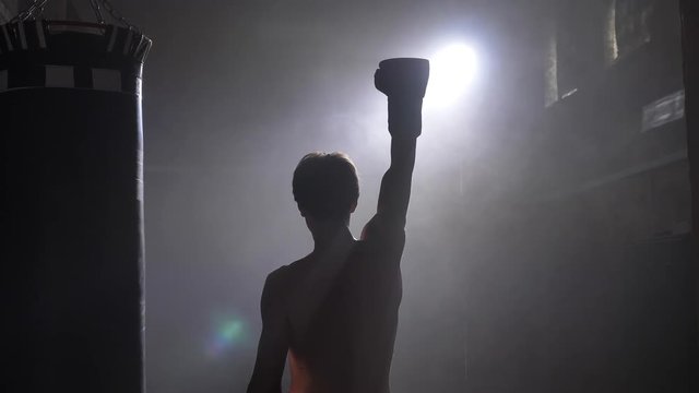Shirtless boxer cheering about victory, winner raising hand in gloves, smoke and bright illumination