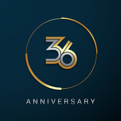 36 Years Anniversary Logotype with  Gold and Silver Multi Linear Number in a Golden Circle , Isolated on Dark Background