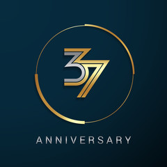 37 Years Anniversary Logotype with  Gold and Silver Multi Linear Number in a Golden Circle , Isolated on Dark Background